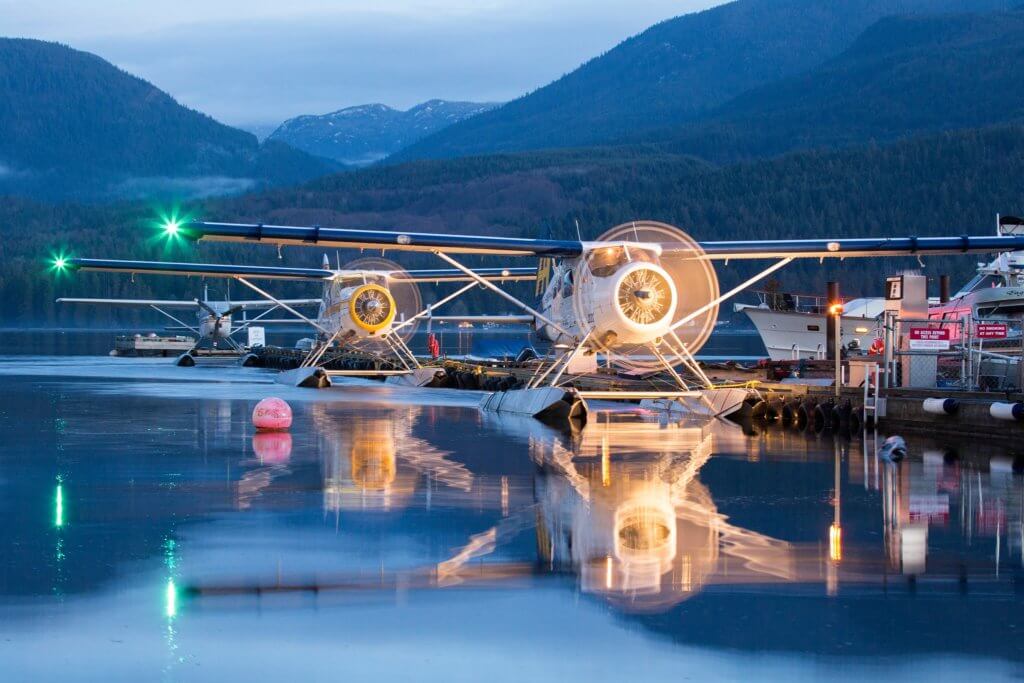 Harbour Air DHC-2 Beavers warm up their engines prior to departure at first light on Jan. 14, 2016, in Sechelt, B.C.
