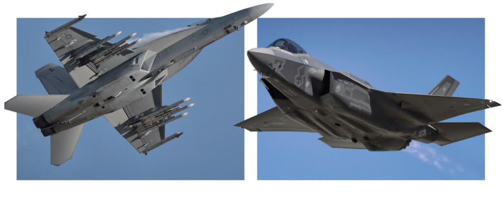 Boeing's F/A-18 Super Hornet, left, and Lockheed Martin's F-35