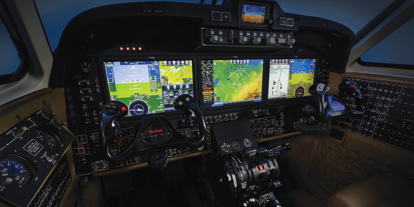 Touchscreen simplicity comes to the King Air flight deck with the addition of the Rockwell Collins Pro Line Fusion avionics system. Among its features are intuitive graphical flight planning, high-res synthetic vision, a multi-sensor flight management system, and integrated touchscreen checklists. Textron Photo