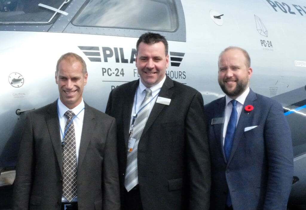 From left to right: Markus Bucher, CEO of Pilatus Aircraft, poses alongside the PC-24 with Canadian colleagues Steve Davey, executive vice-president and COO of Pilatus dealer Levaero Aviation, and Stan Kuliavas, vice-president of sales and business development at Levaero. Lisa Gordon Photo