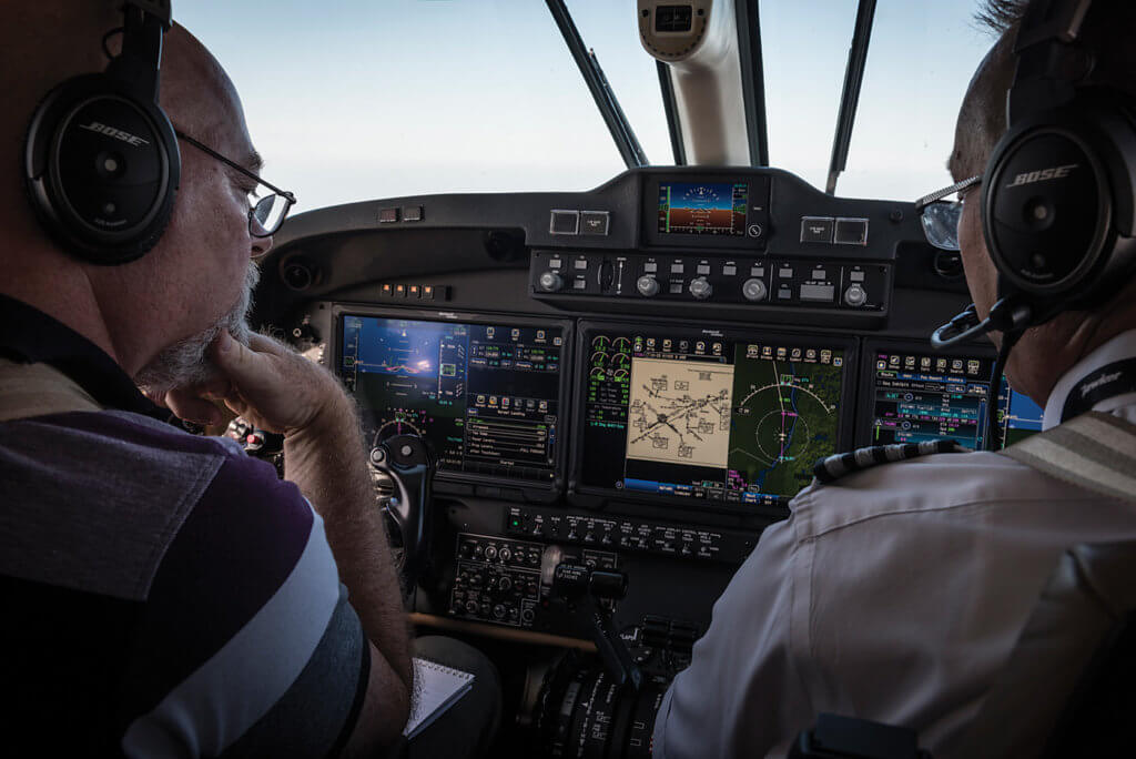 From the left seat, Rob Erdos gets acquainted with the familiar, yet different, Fusion cockpit. Navigation through the system is intuitive, with direct access to critical information such as waypoints, routing, weather and flight planning. Peter Handley Photo