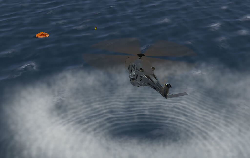 Royal New Zealand Air Force NH90 helicopter on search and rescue mission is depicted in this image generated by the new CAE Medallion-6000XR image generator. CAE Photo