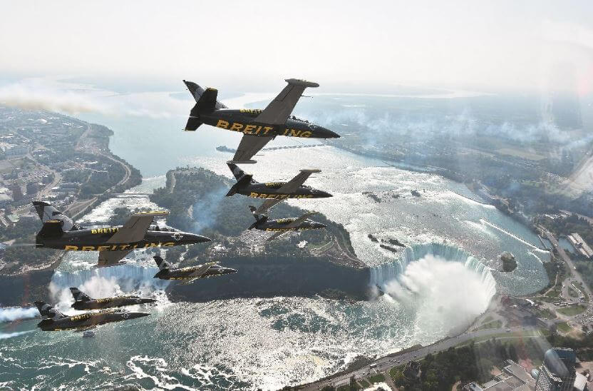 The Breitling Jet Team flew over several iconic areas in Canada including the Canadian National Exhibition, Niagara Falls (pictured here), Vancouver, and Lake Ontario.
