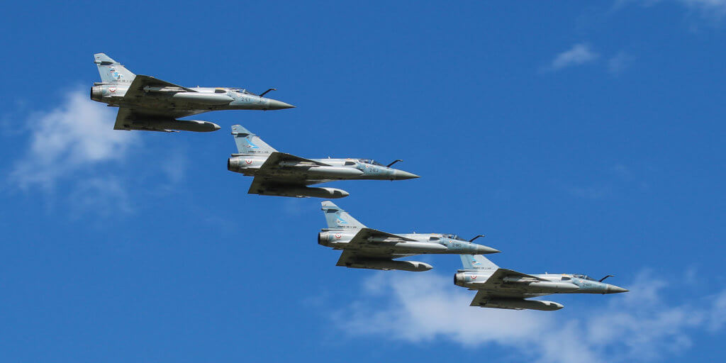 Four French Air Force Mirage fighter jets fly in formation. Steve Bigg Photo