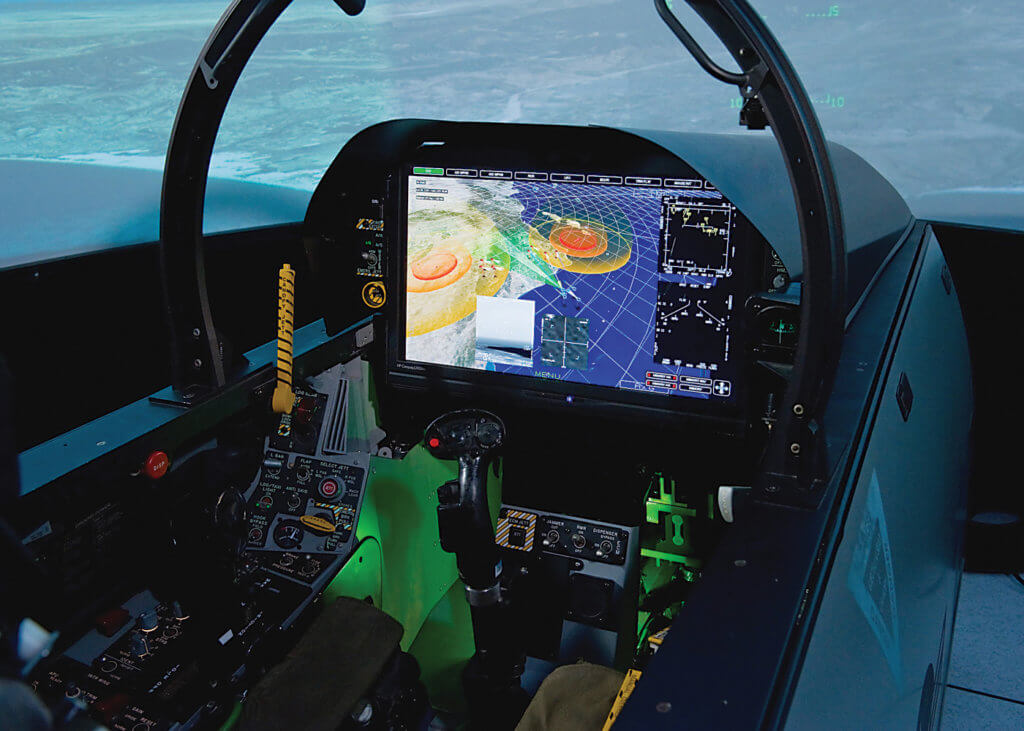 The optional Super Hornet advanced capability cockpit includes a large 11 x 19-inch moving map display. Pilots can view six different screens at the touch of a finger. Boeing Photo