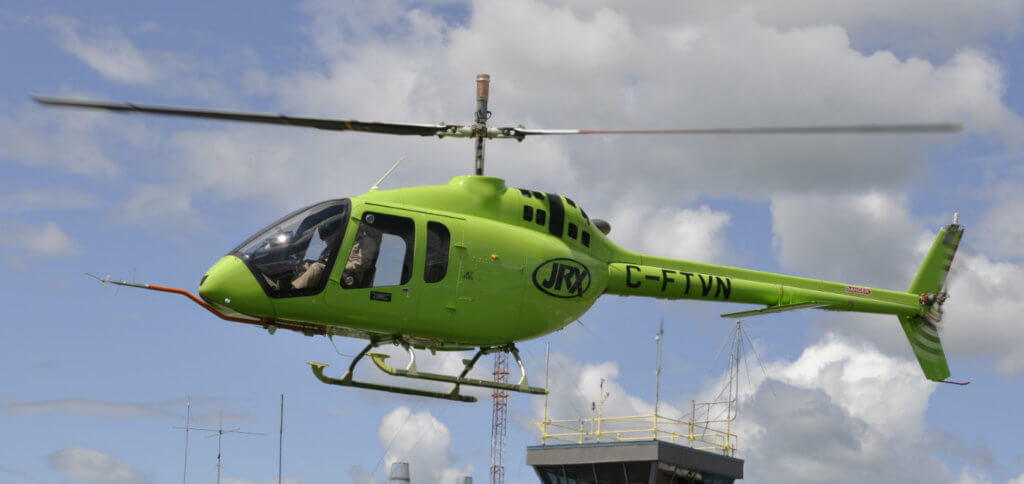 Bell Helicopter unveiled the first completed model of the 505 Jet Ranger X at its Mirabel, Que., factory on Feb. 9, 2017. Here, the new helicopter is seen undergoing testing outside the Mirabel plant. Kenneth I. Swartz Photo