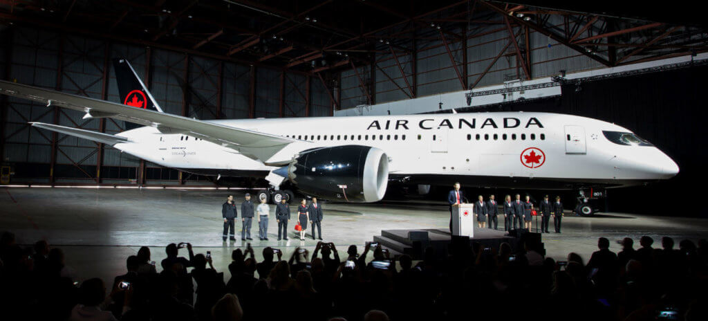 Air Canada airliner in new livery at press event in Toronto