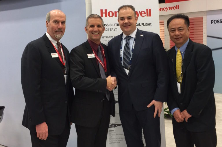 Pictured from left to right are: Rick Buchanan, senior director of RMU sales and acting senior director of commercial helicopter business for Honeywell; Rob Richardson, customer business manager for commercial helicopter and aftermarket partners for Honeywell; Tom Jackson, president of CanWest Aerospace Inc.; and Terence Lim, sales and marketing manager for CanWest Aerospace Inc. CanWest Aerospace Photo