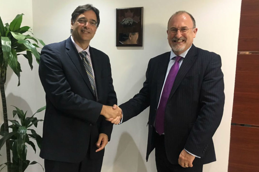 Masud Husain (left), Ambassador of Canada to the UAE, and Ian Bell (right), CAE's vice-president and general manager, Middle East/Asia-Pacific, officially inaugurated CAE's new offices in Abu Dhabi during a ceremony on March 12, 2017. CAE Photo