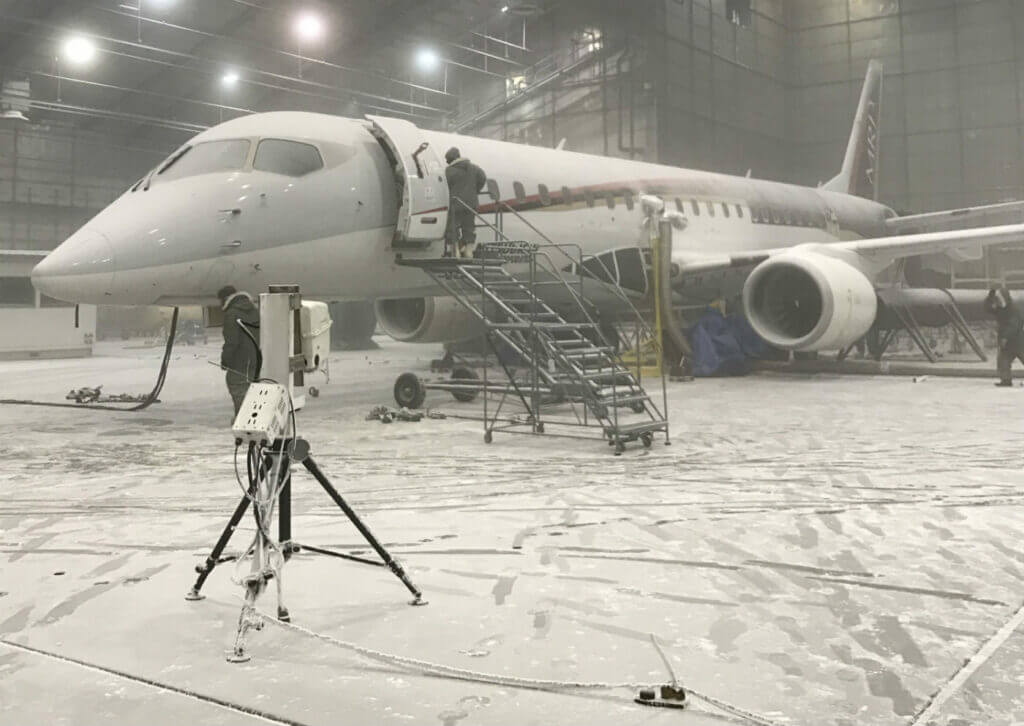 The MRJ underwent cold and hot soak tests in the McKinley Climatic Laboratory at the Eglin Air Force Base in Florida from Feb. 28 through March 17. Mitsubishi Aircraft Corporation Photo