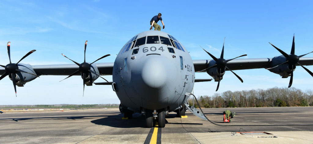Cpl Julien Simard, a loadmaster from 436 Transport Squadron, performs his pre-flight checks on a CC-130J Hercules on Feb. 10, 2017, at Little Rock Air Force Base, Ark., during Exercise Green Flag Little Rock. USAF Photo