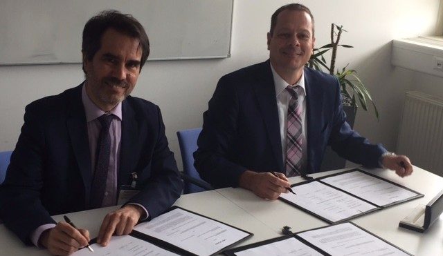 The agreement was signed today in presence of government officials from Bavaria and Quebec. Pictured here is Alain Aubertin, vice-president of business development and international, CRIAQ and CARIC, and Alexander Mager, managing director at LBC. CRIAQ Photo