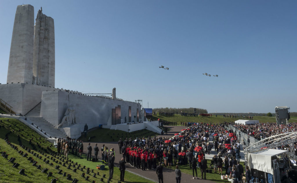 Five replica biplanes from Vimy Flight soar over the Vimy memorial in France on Sunday as part of a ceremony marking the 100th anniversary of the Battle of Vimy Ridge. RCAF Photo