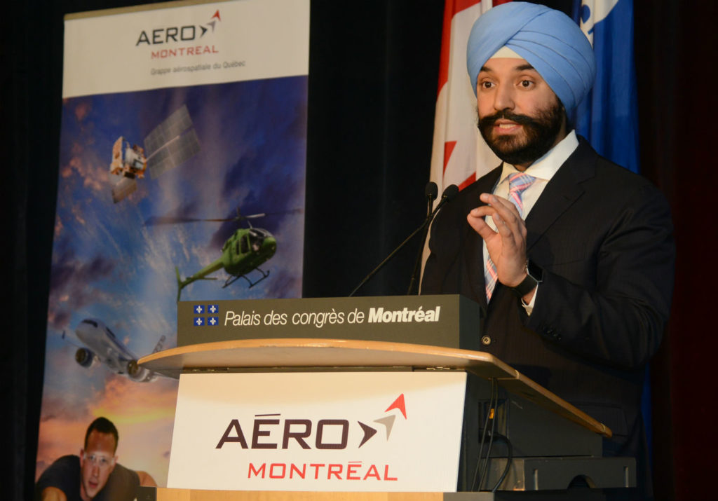 Navdeep Bains, Minister of Innovation, Science and Economic Development, spoke about the fixed-wing SAR award in Montreal on April 3 during International Aerospace Week. Aero Montreal Photo