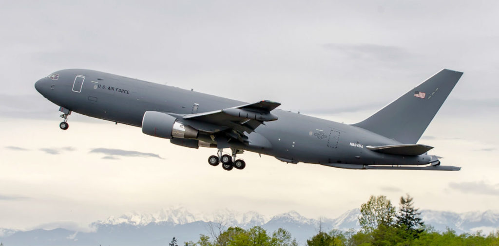 The newest KC-46 aerial refueling aircraft, the second low-rate initial production plane, completed its first flight April 29. Boeing Photo