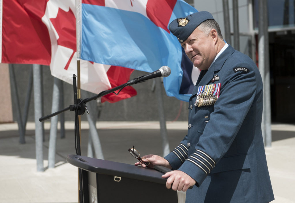 Col Shayne Elder, incoming commanding officer of the Canadian Aerospace Warfare Centre, speaks during the change of command ceremony held June 21, 2017, at Trenton, Ont. 