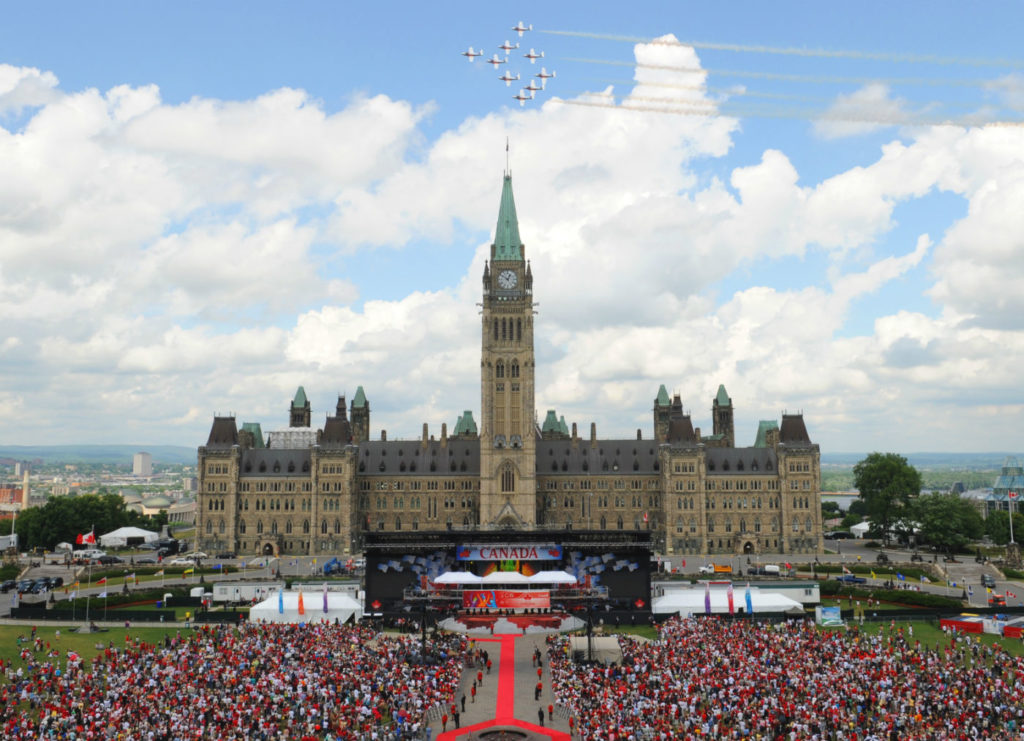Every year, thousands of Canadians make their way to the nation's capital to celebrate Canada's birthday. Here, the Snowbirds conduct a flypast over Parliament Hill on July 1, 2009. MCpl Angela Abbey Photo