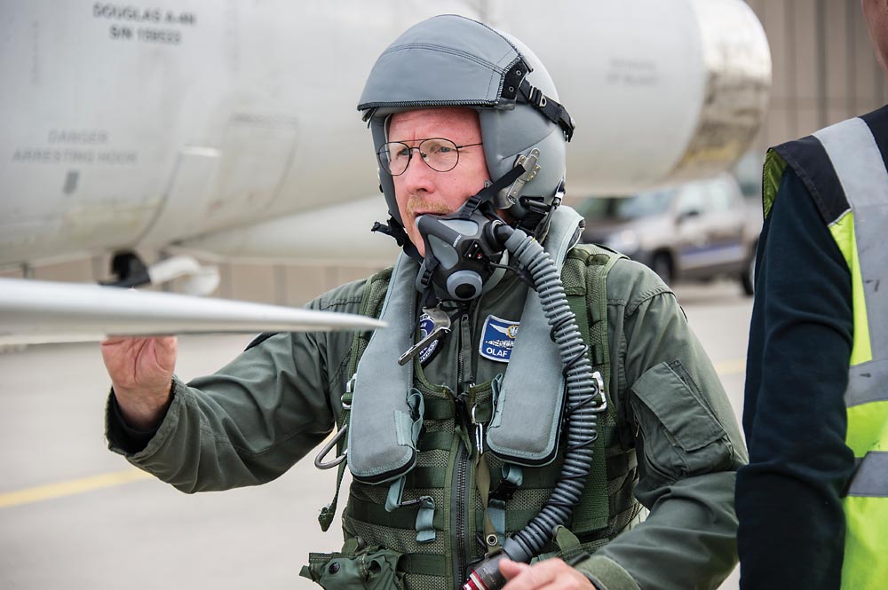 High-time pilot Olaf Tutay pre-flights his A-4 Skyhawk prior to an engagement with Eurofighter Typhoons from Wittmund, Germany, over the North Sea. 