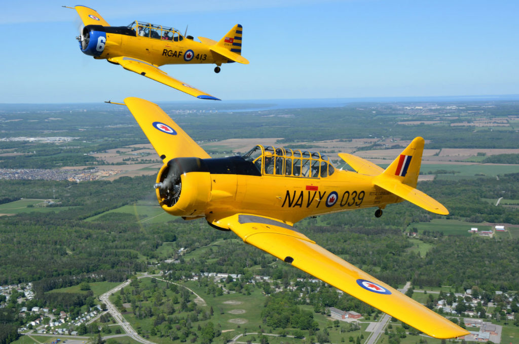 Glenn Goldman and Tom Siimes fly an MkII and Mk.4 Harvard over Base Borden.