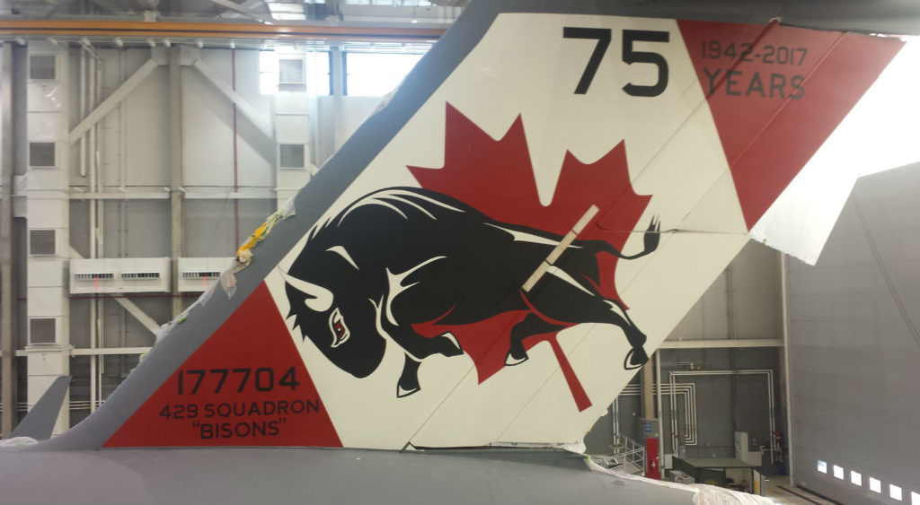429 Transport Squadron unveiled its commemorative tail art in honour of its 75th anniversary as well as the 10th anniversary of the CC-177 Globemaster III in Canada, on May 25, 2017. The design features a bison, which also appears at the centre of the squadron's crest. MCpl Shawn O'Hara Photo