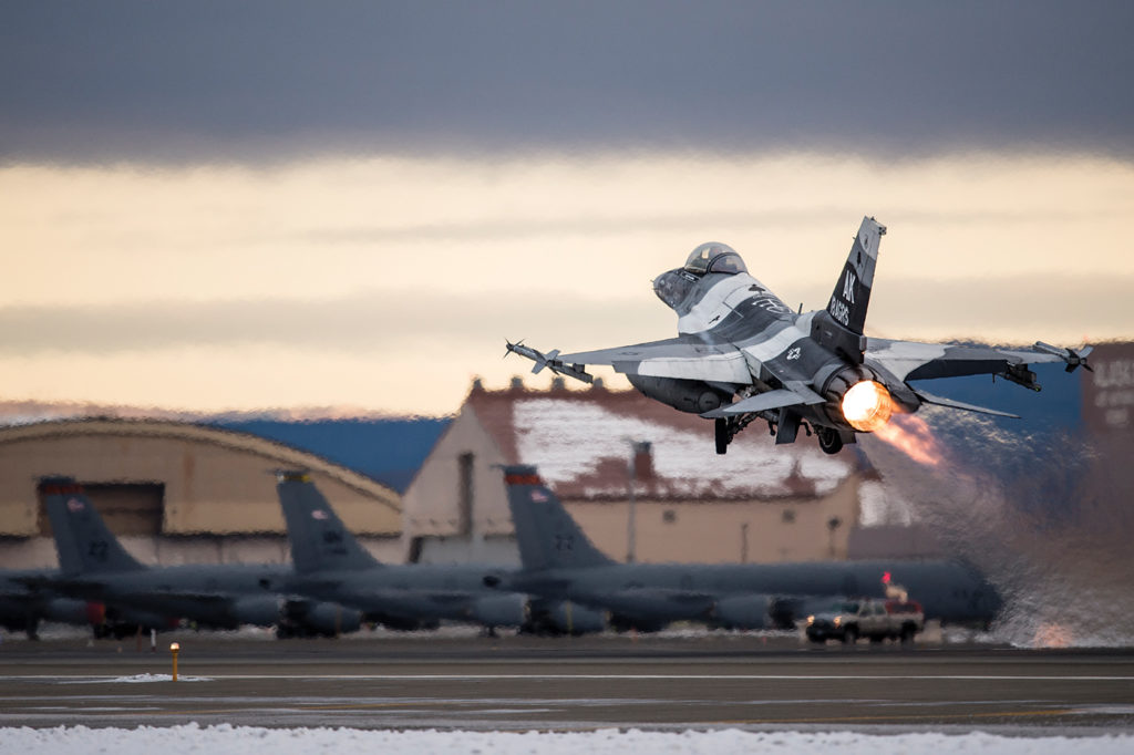 A U.S. Air Force F-16 Fighting Falcon assigned to the 18th Aggressor Squadron blasts off from Eielson Air Force Base. Senior Airman Peter Reft Photo