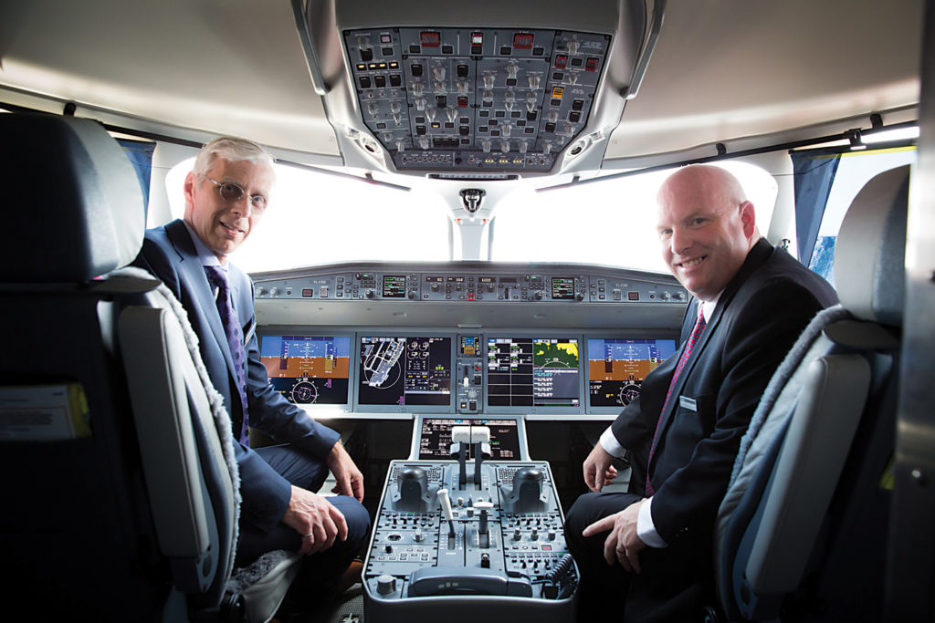 At the 2017 Paris Air Show, it was announced that the first CAE-built C Series full-flight simulator had been upgraded to Level D status by regulators in Canada, Europe, the United States and South Korea. Celebrating the announcement were Nick Leontidis, left, CAE's group president of civil aviation training solutions, and Todd Young, vice-president and general manager, customer services at Bombardier Commercial Aircraft.