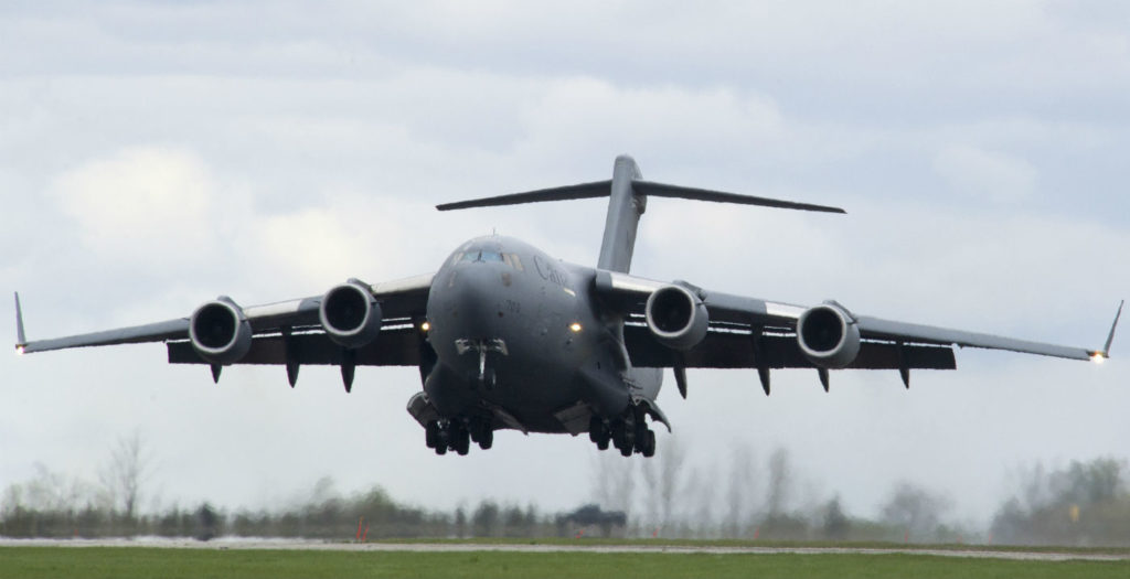 The Royal Canadian Air Force has deployed a CC-177 Globemaster III (pictured here), a CC-130J Hercules, two CH-147F Chinooks, and three CH-146 Griffons to British Columbia to support the wildfires operations. RCAF Photo