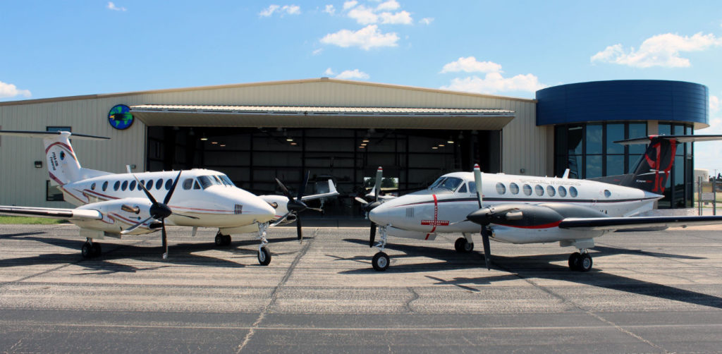 Blackhawk Modifications will exhibit an upgraded King Air 350 in its booth during EAA AirVenture, from July 24 to 30. Pictured here, Blackhawk's test King Air 350 and 350ER aircraft at its headquarters in Waco, Texas. Blackhawk Photo