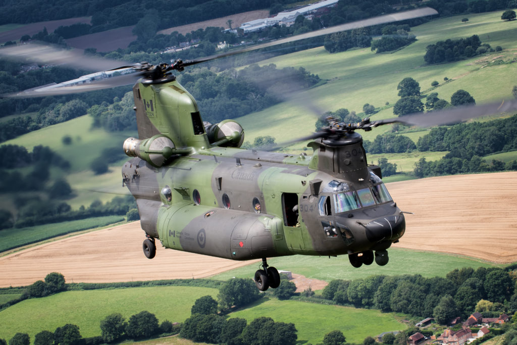 The CH-147F Chinook flies over the English countryside after taking off from RAF Odiham. Lloyd Horgan Photo
