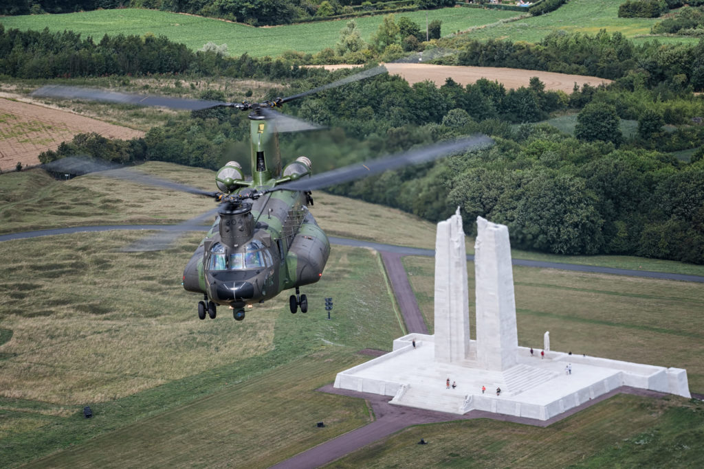 An RCAF CH-147F Chinook from 450 Tactical Helicopter Squadron flies over the Canadian National Vimy Memorial in France on July 21. Lloyd Horgan Photo
