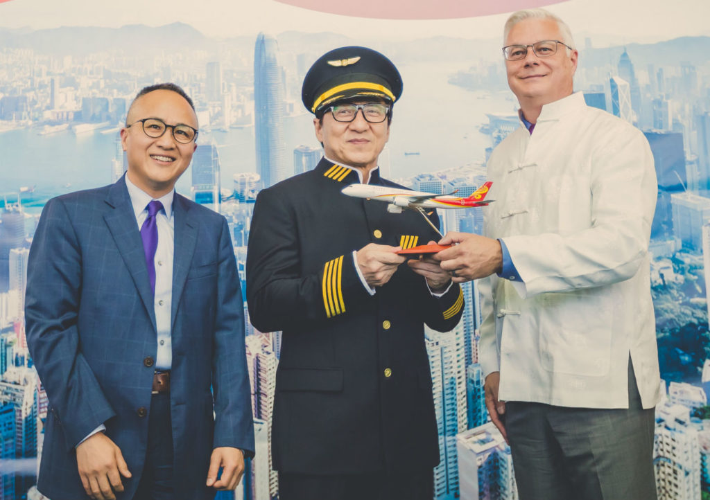 To celebrate the new service, inaugural celebrations at YVR included speeches from airline and government officials--as well as a guest appearance from well-known celebrity and Hong Kong Airlines brand ambassador Jackie Chan. From left: George Liu, chief marketing officer, Hong Kong Airlines; Jackie Chan, Hong Kong Airlines brand ambassador; and Craig Richmond, president and CEO, Vancouver Airport Authority. Vancouver Airport Authority Photo