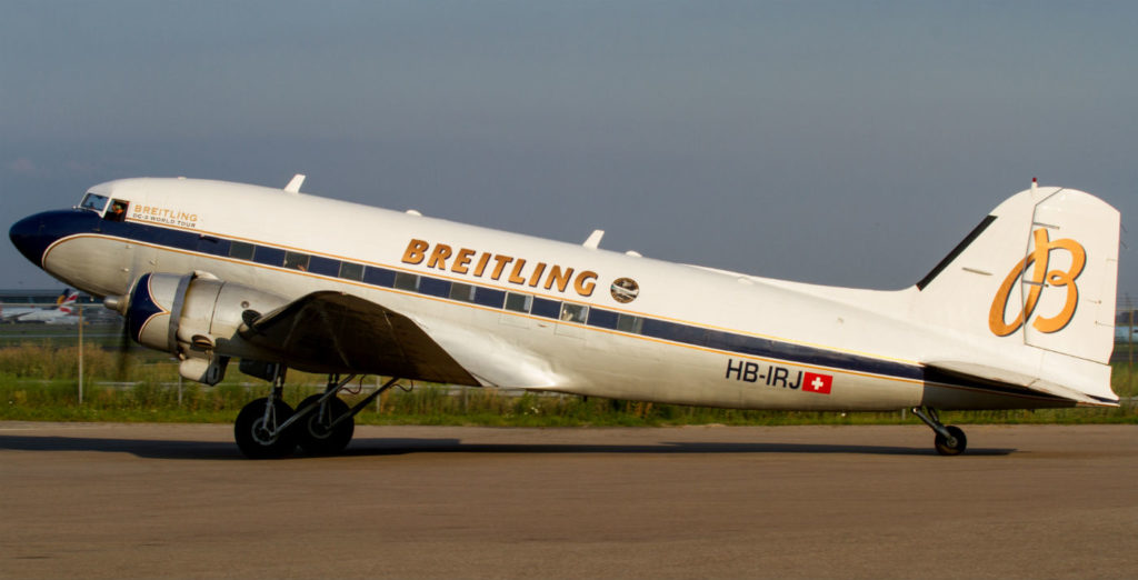 The DC-3 has an unmistakable, majestic nose high profile on the ground, as if it's reaching for the sky. It is unmistakably a classic airliner from the 1930s. The Breitling navy blue and gold colour scheme complements the aircraft`s lines very well, epitomizing its art deco shape.