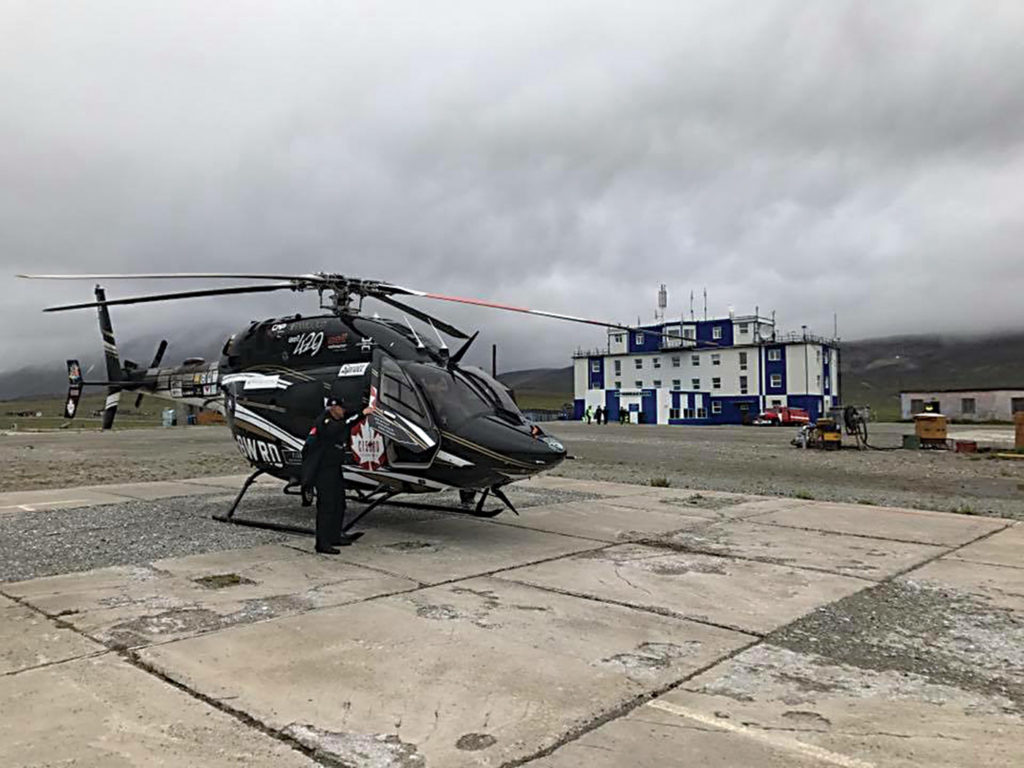 The helicopter rests during a stop in Nome, Alaska