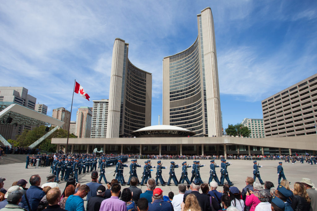 RCAF personnel march in Nathan Phillips Square