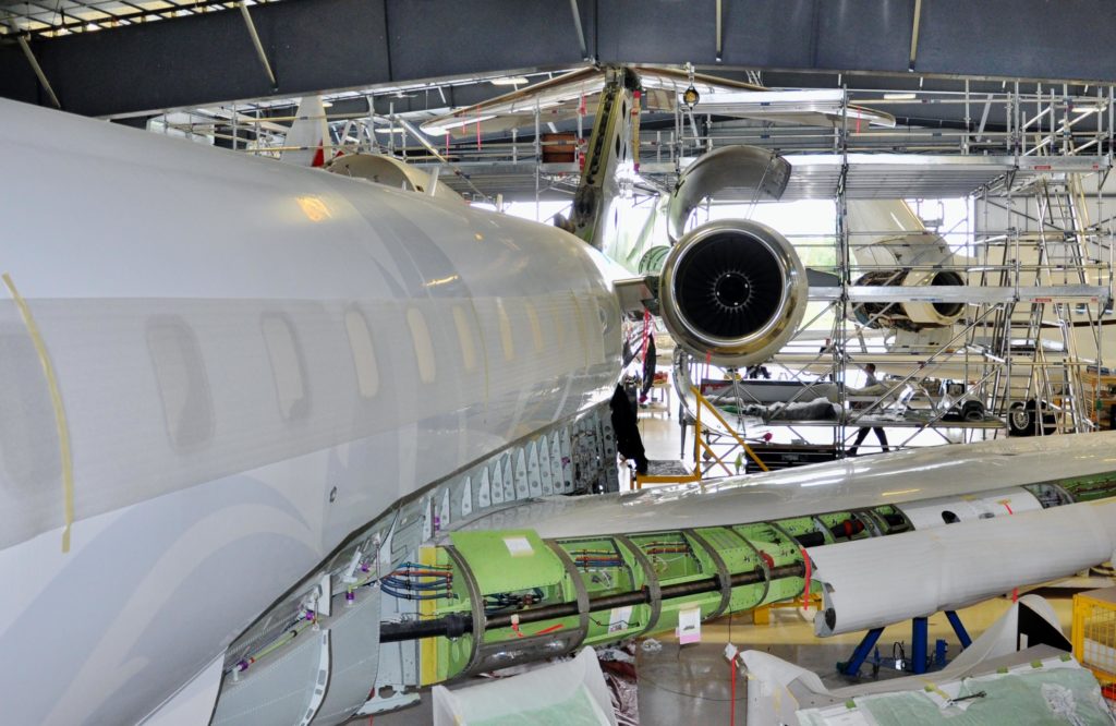 Bombardier Global jet sits in hanger