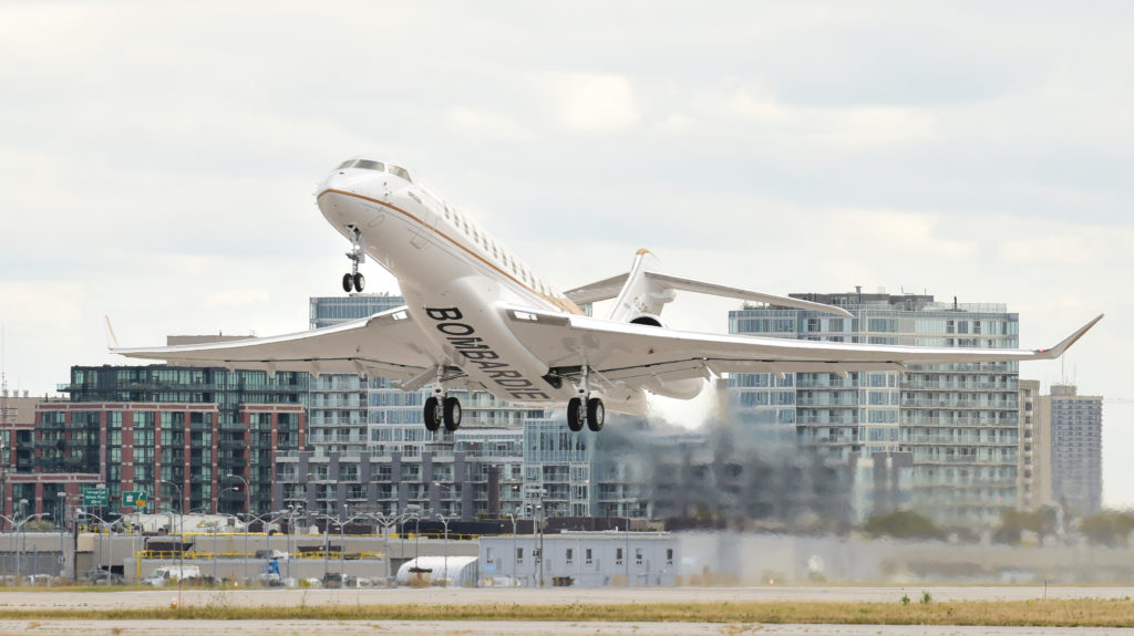 The fourth Global 7000 aircraft ascended into clear skies from one of Bombardier's runways in Toronto, Ont.
