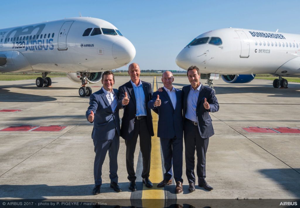 From left to right: Pierre Beaudoin, Bombardier chairman of the board; Tom Enders, Airbus CEO; Alain Bellemare, Bombardier president and chief executive officer; Fabrice Bregier, Airbus chief operating officer and president of Airbus Commercial Aircraft. Photo courtesy of Airbus
