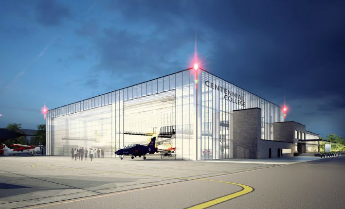 The 138,000 square-foot Centre for Aerospace and Aviation at Centennial College will have enough instruction space to accommodate 900 students annually. Centennial College Photo