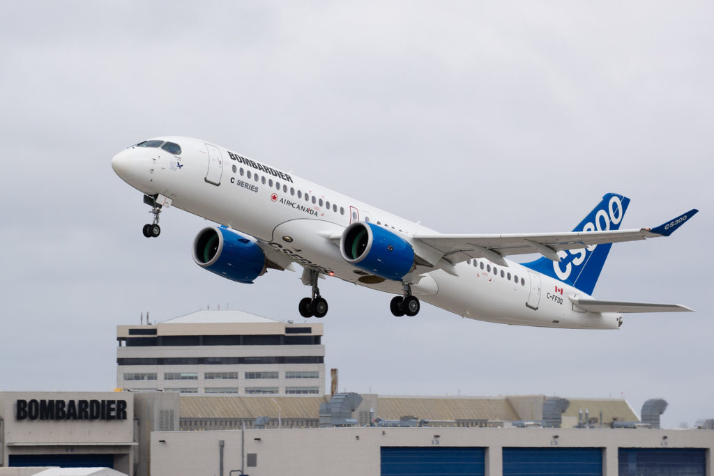 Bombardier C Series aircraft taking off.
