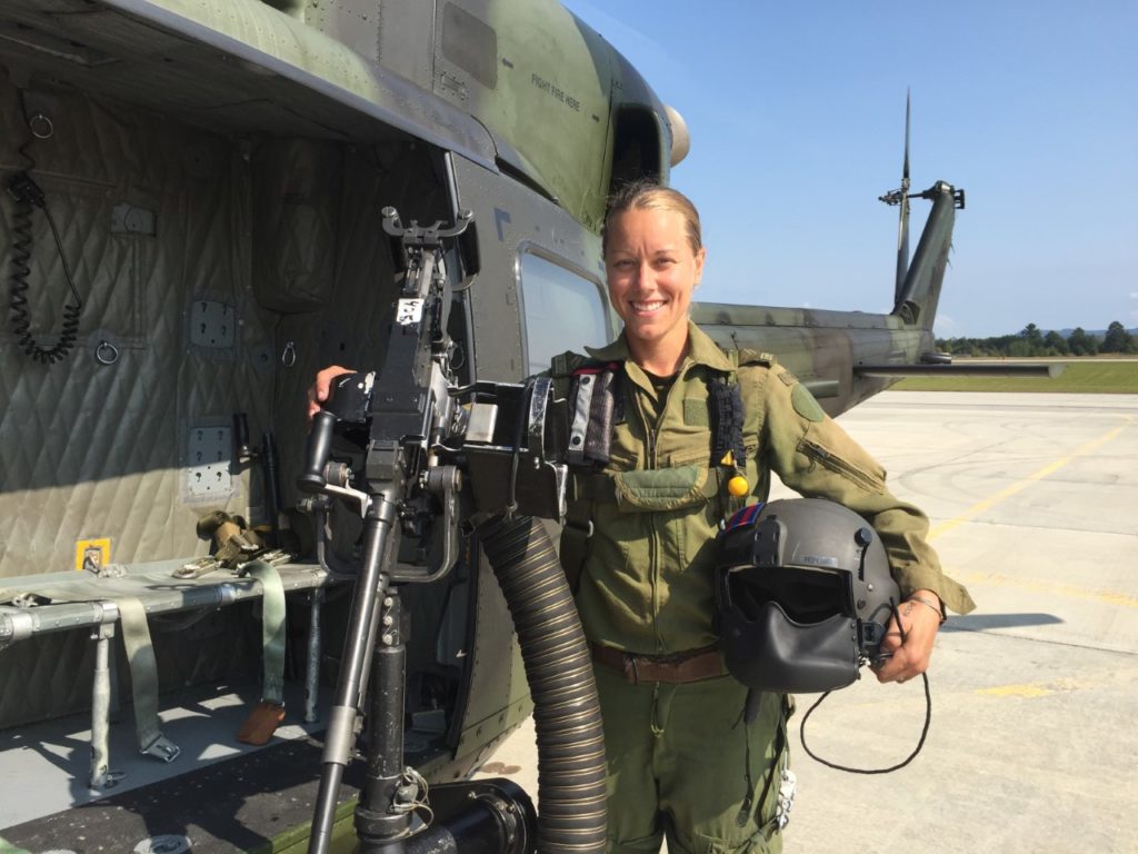 Corporal Alexandra Roy is the first woman to serve with 430 Tactical Helicopter Squadron as door gunner onboard CH-146 Griffon helicopters. Photo courtesy of ADSUM newspaper