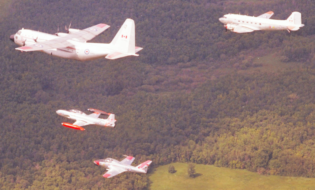 Aircraft used by 429 Bison Squadron for navigation training on June 15, 1978, include (from top): a CC-130 Hercules, a T-33 Silver Star and a CT-114 Tutor, all followed by a CC-129 Dakota.
