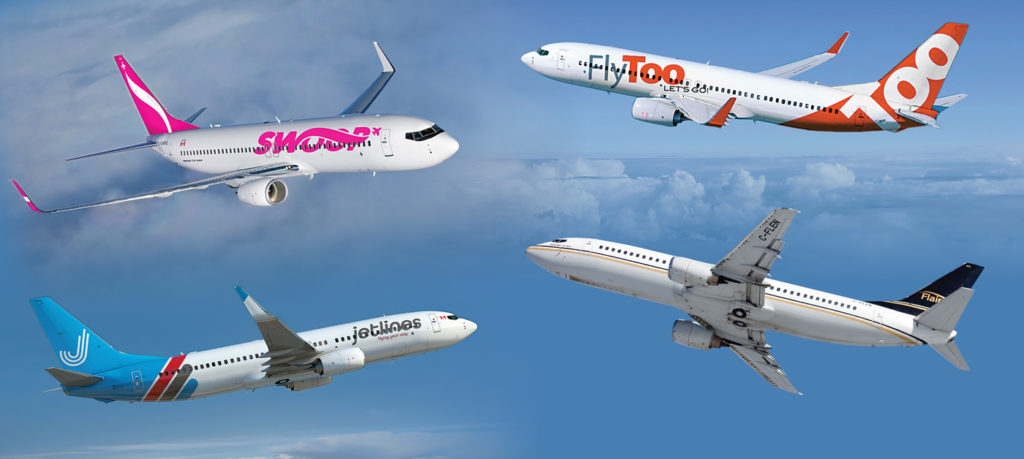 Collage featuring Swoop, FlyToo, Canada Jetlines and Flair Airlines planes
