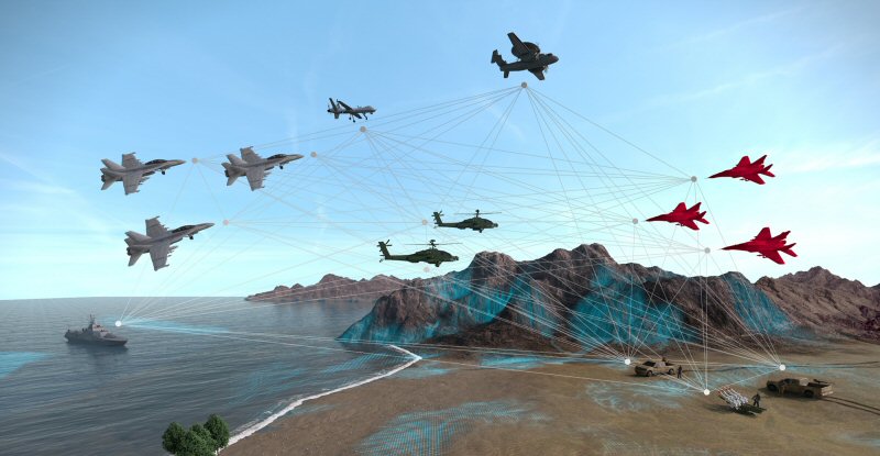 Several aircraft flying over mountainous terrain
