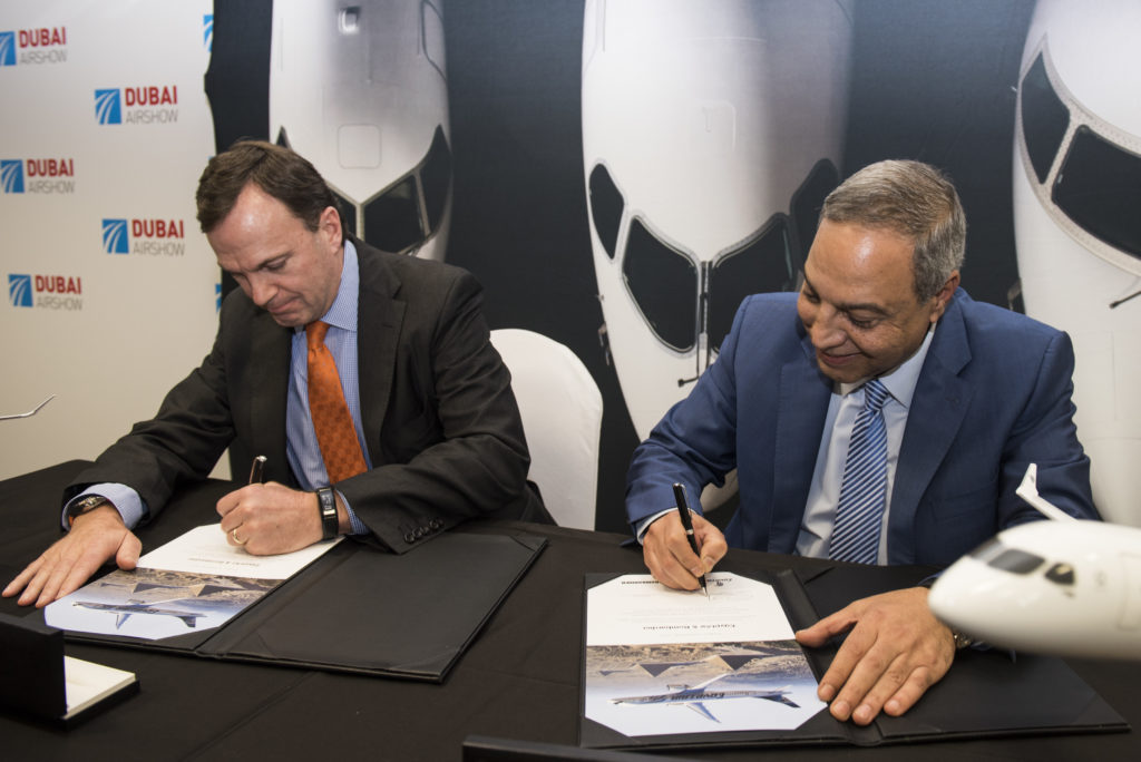 Fred Cromer, president of Bombardier Commercial Aircraft (right) and Safwat Musallam, chairman and chief executive officer of EgyptAir Holding Company sign the letter of intent. Bombardier Photo
