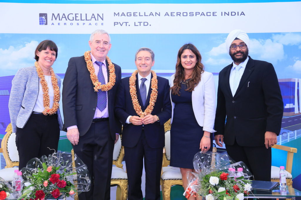 Minister of International Trade, Francois-Philippe Champagne, poses with Magellan executive team Haydn Martin, Jasdeep Bevli and Jennifer Daubeny (consul general, Bengaluru) at the groundbreaking ceremony for Magellan Aerospace's new manufacturing and assembly facility in Devanahalli, India. Magellan Aerospace Photo