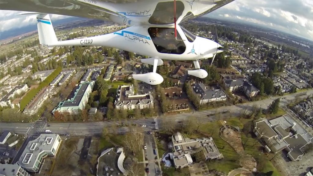 The Pipistrel Alpha Electro cruises over British Columbia's lower mainland. 