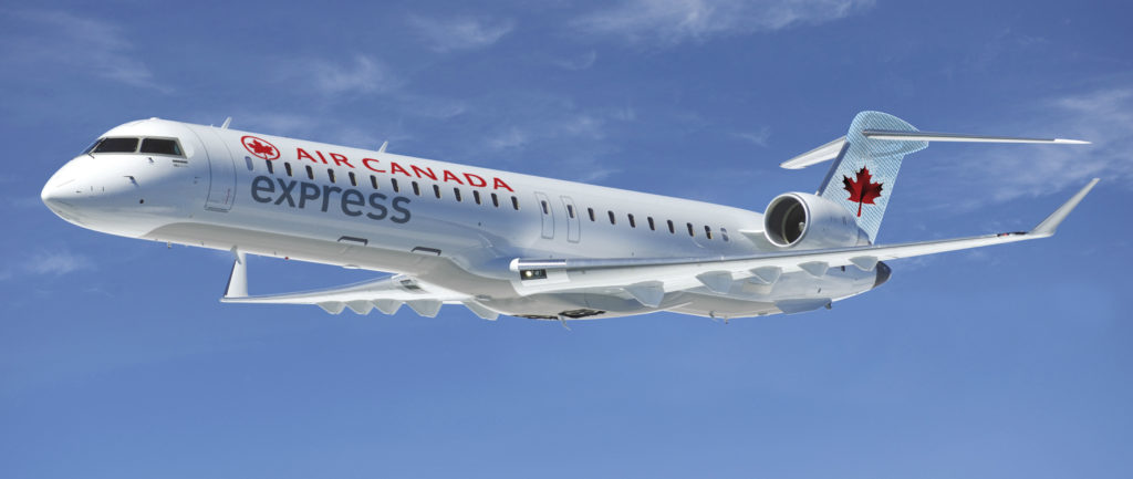 A Bombardier CRJ900 aircraft in Air Canada Express livery. 
