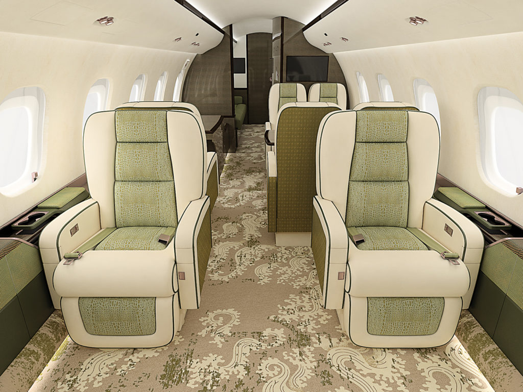 Closeup of business jet seats, inside cabin