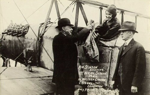 Aviatrix Katherine Stinson received the first air mail bag on July 9, 1918 for a flight between Calgary and Edmonton. WestJet Photo