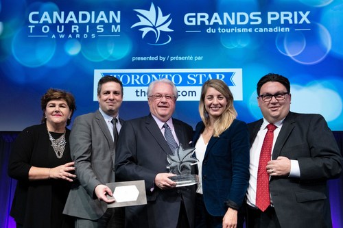 From left to right: Gudie Hutchings, Member of Parliament, Long Range Mountains; Mathieu Claise, director, government and public affairs, YQB; Gaëtan Gagné, president and CEO, YQB; Mélanie Joly, minister of tourism, official languages and La Francophonie; Andy Gibbons, director of government relations & regulatory affairs, WestJet. Aéroport de Québec Photo